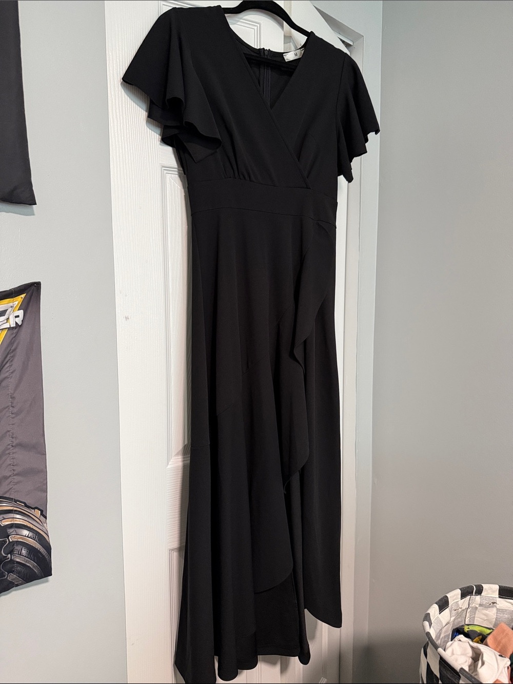 Elegant Black Flutter Sleeve Wrap Maxi Dress